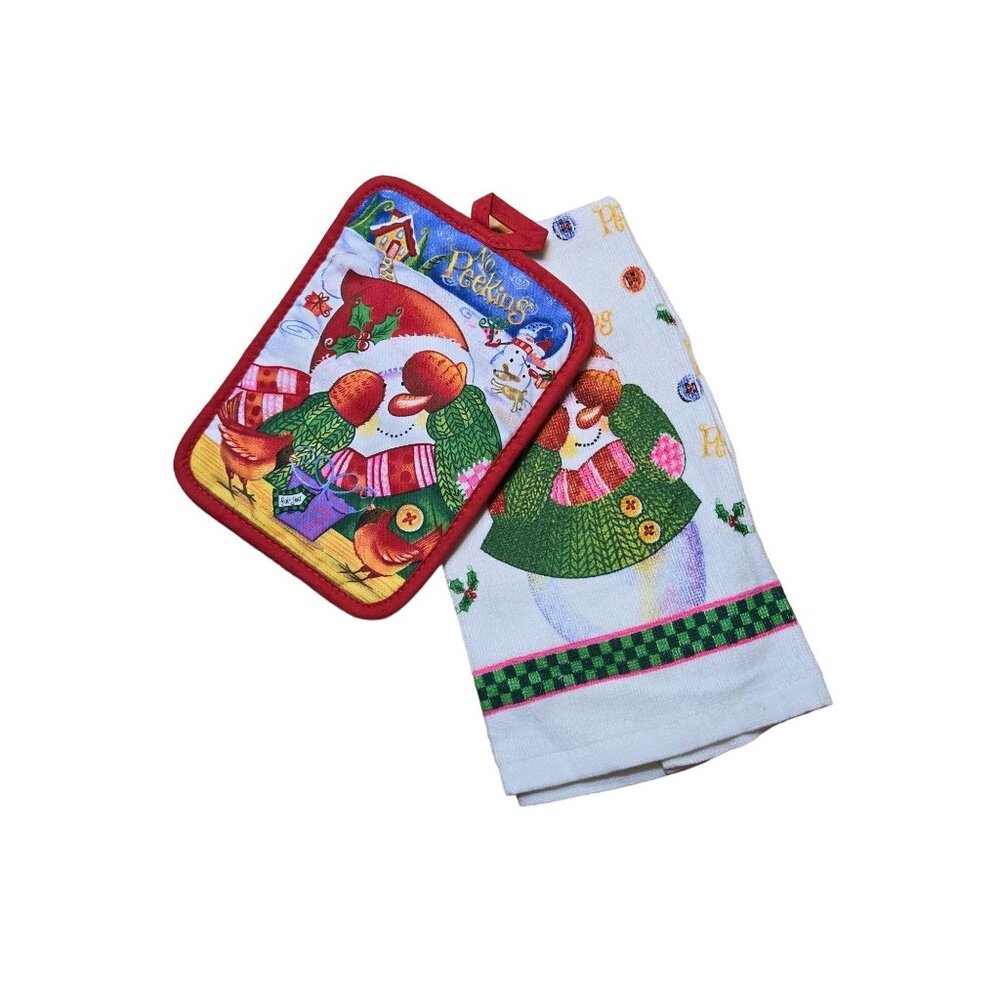 Christmas Snowman No Peking  Kitchen Towel & Pot Holder Set- NWOT